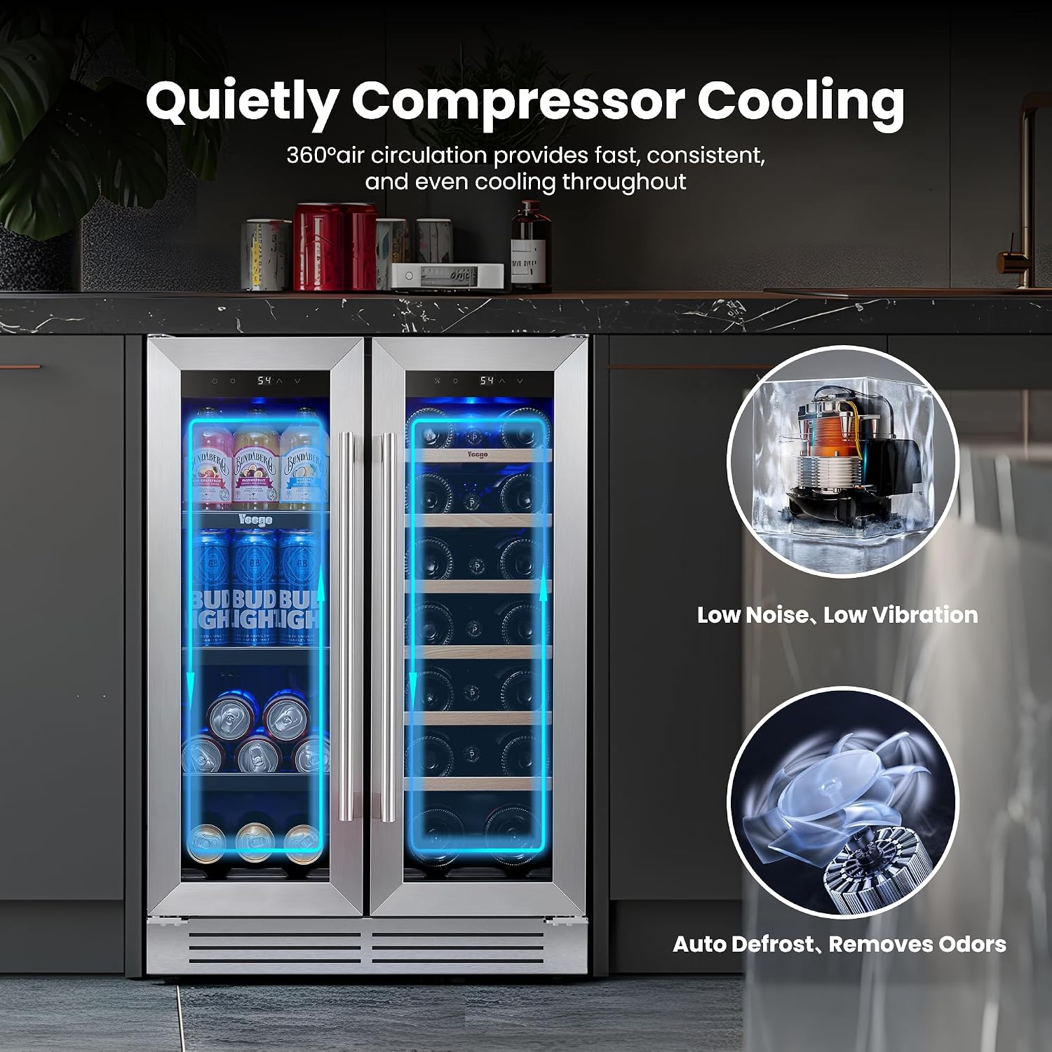 Yeego Wine & Beverage Refrigerator, 24 Inch 60 Cans and 20 Bottles Dual Zone Wine Cooler with Glass Door, 36-72°F Drink Cooler for Built-in or Freestanding, For Kitchen,Bar or Office
