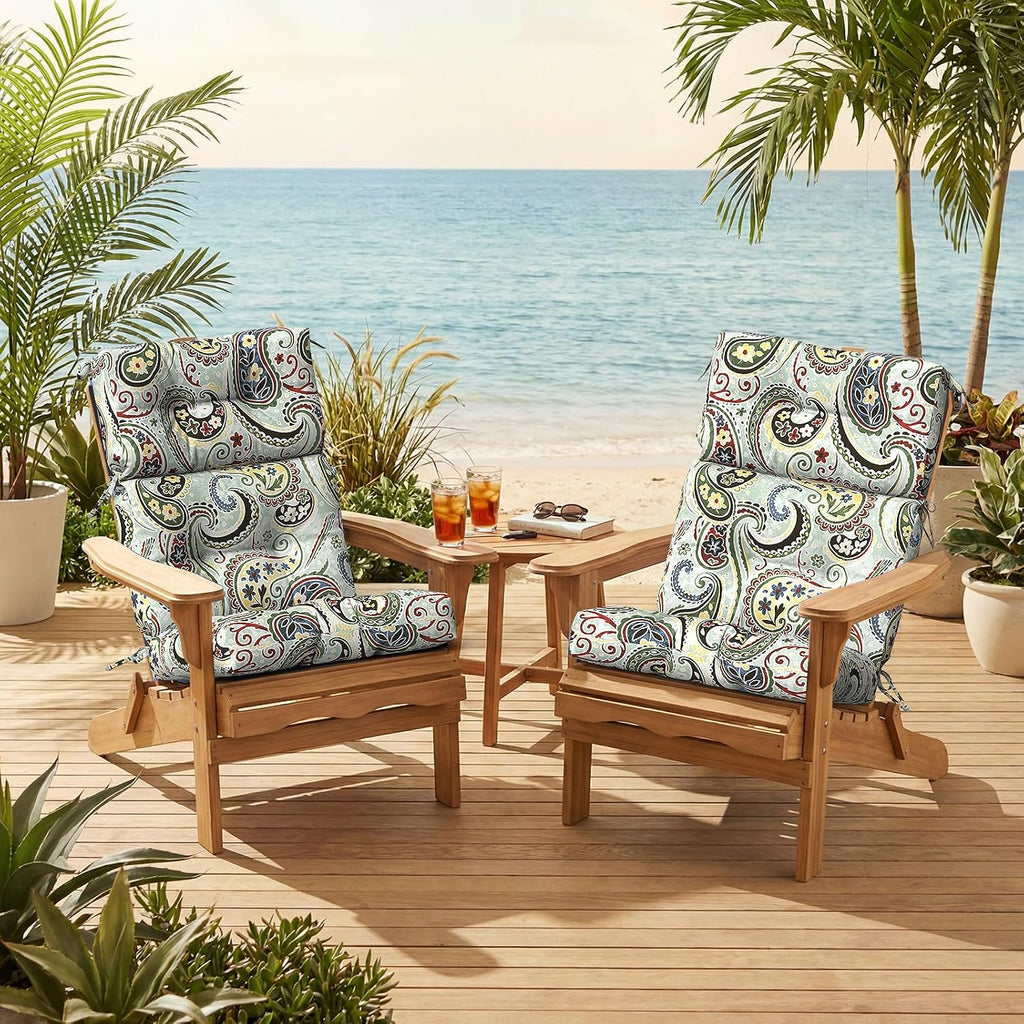Outdoor High Back Patio Chair Cushions, Fade Resistant & Waterproof Tufted Seat and Back Cushions for Patio Furniture, Patio Chair Cushions 44x22 Inch, Set of 2, Paisley Lightcyan