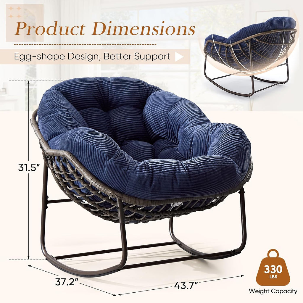 Outdoor Indoor Rocking Chair with Padded Cushion, Oversized Patio Papasan Rocking Egg Chair, All Weather Wicker Egg Rocking Chair, Comfy Large Rattan Rocker Lounge Chair for Front Porch,Garden, Patio