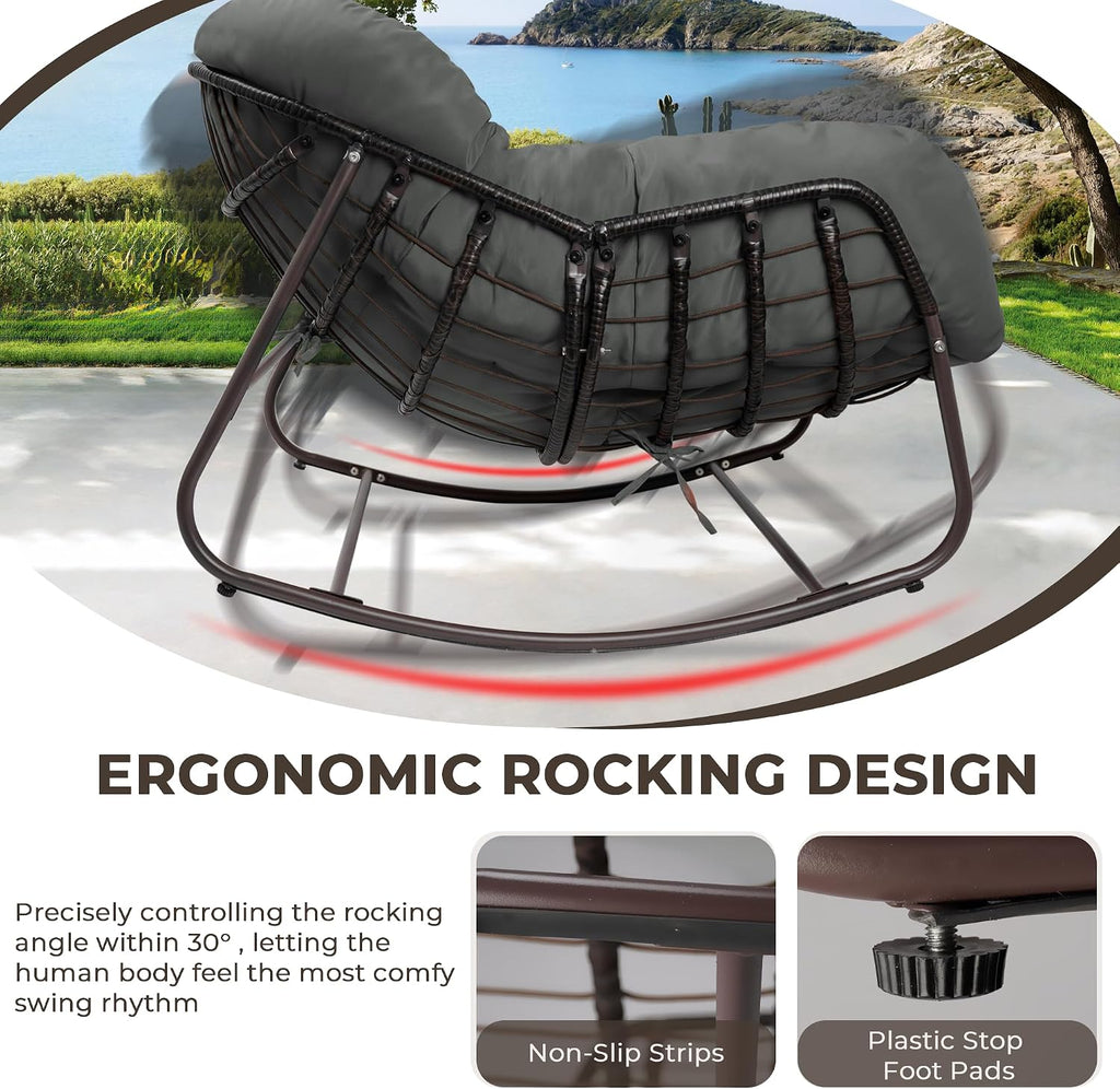 Papasan Rocking Chair Outdoor, Oversized Patio Rocking Chair with Cushions & Steel Frame, Wicker Egg Lounge Chair Indoor, Comfy Reading Chair for Patio, Deck, Porch (Grey, Style 1)