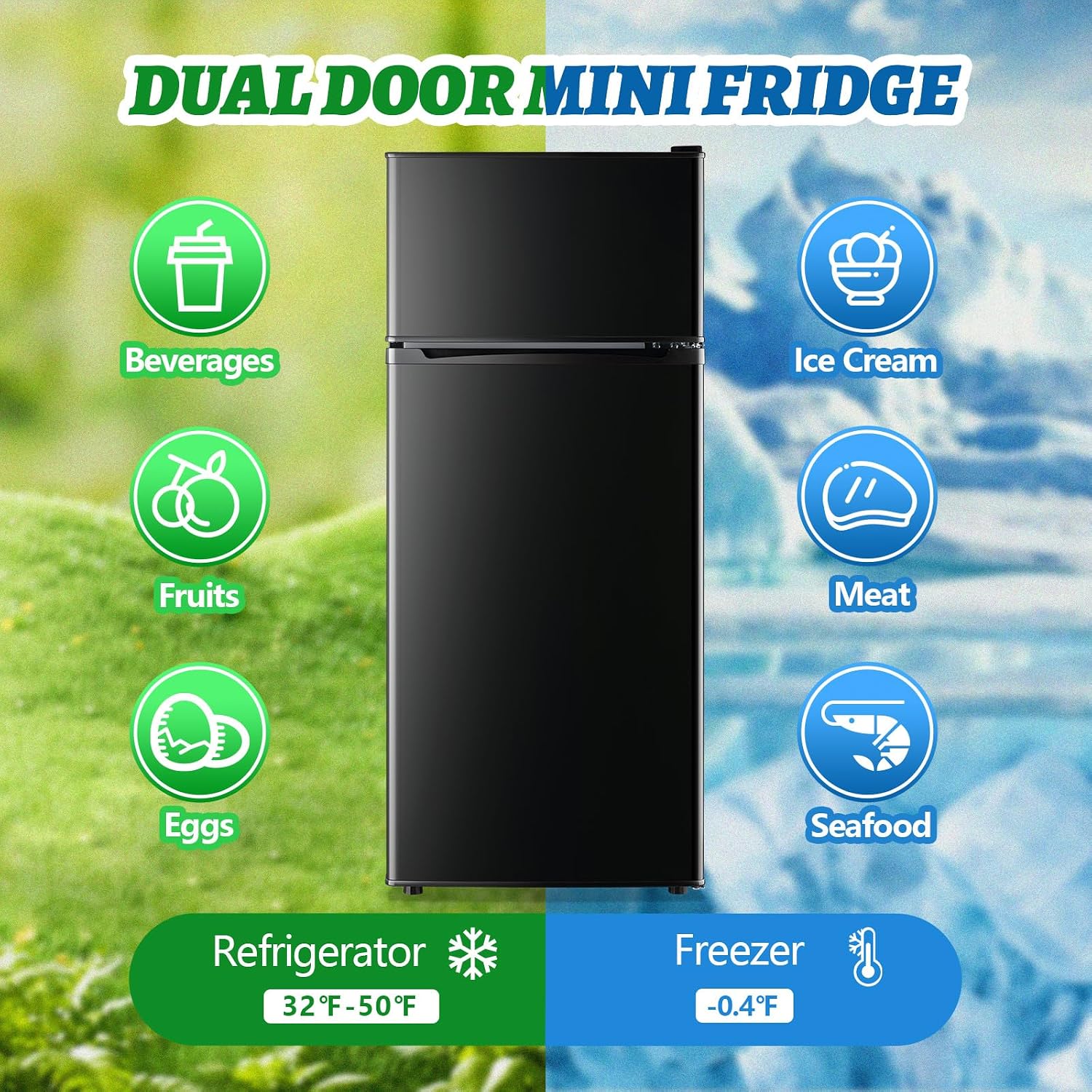 DEMULELR 4.5Cu.ft Small Mini Refrigerator with Freezer Black Two Door Mini Fridge with Crisper Drawer & Extra Drink Space, LED Light, Apartment Size Fridge for Dorm Office 17.5' W x 18.5' D x 43' H