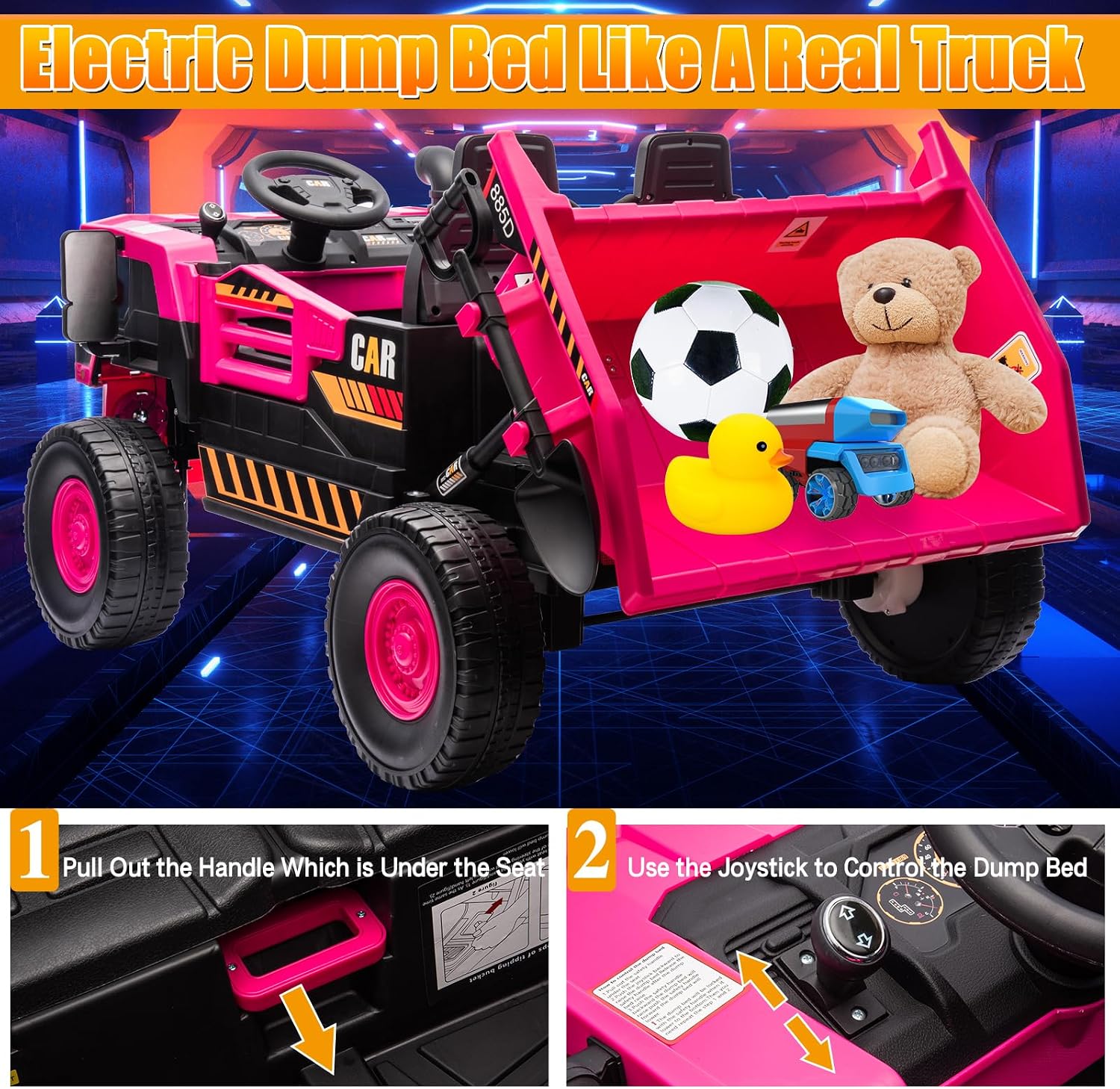 12V 10AH 2-Seater Kids Ride on Truck Electric Toy Car with Electric Dump Bed, Parents Remote Control Kids Car Tractor Toys Ride-on Dump Truck for Boys and Girls Ages 3+, Pink