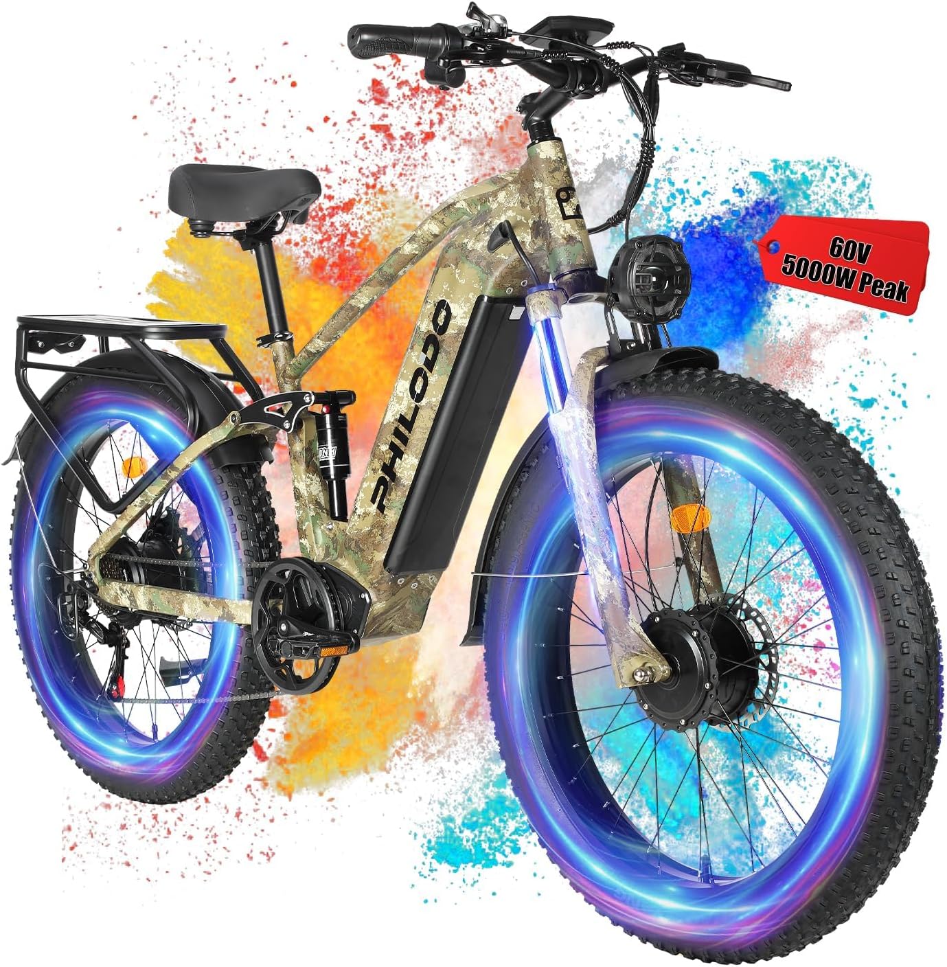 Electric-Bike for Adults, Dual-Motor-Ebike Hunting-Ebike 5000W, 60V 32AH Long Range Dirtbike, Fat-Tire-Electric-Bicycle, Full Suspension for Off-Road Snow Sand