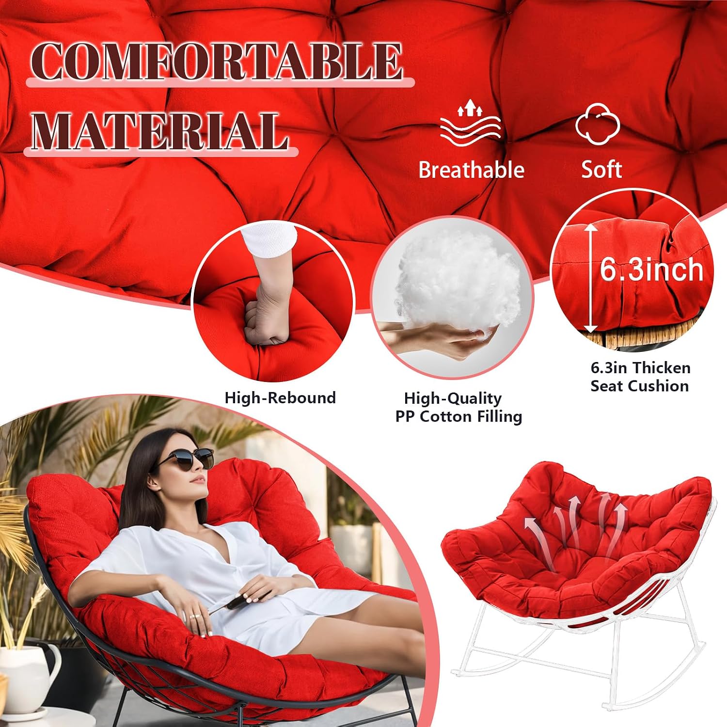Outdoor Rocking Chair Cushions Replacement, 6''Thick Waterproof & Fade Resistant Papasan Chair Cushion with 6 Straps,Tufted Egg Chair Cushion for Indoor & Outdoor (Red)