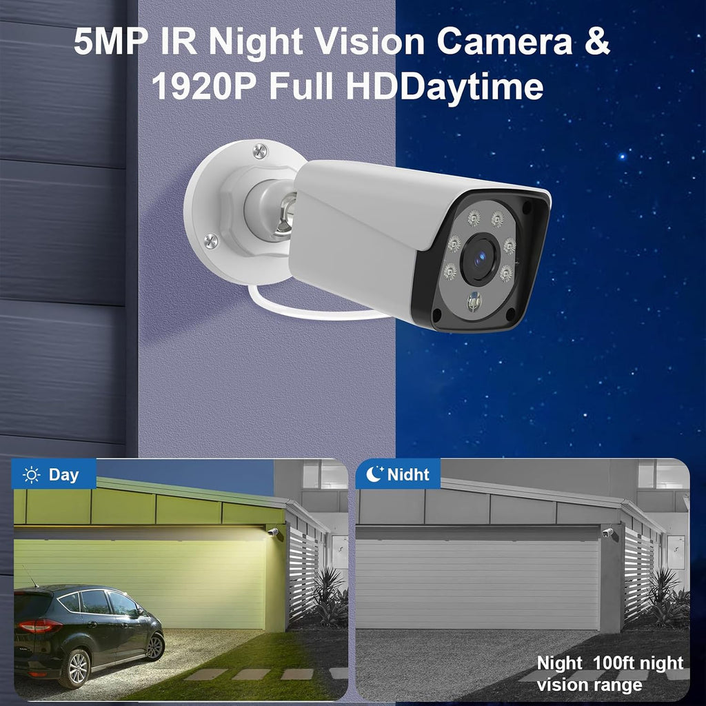 H.265+ Wired Security Camera DVR Kit System with AI Human Vehicle Detection, 4x 1920P 5MP IP67 Metallic Indoor/Outdoor Cameras IR Night Vision Remote Access, 4K NVR 1TB HDD Included for 24/7 Recording