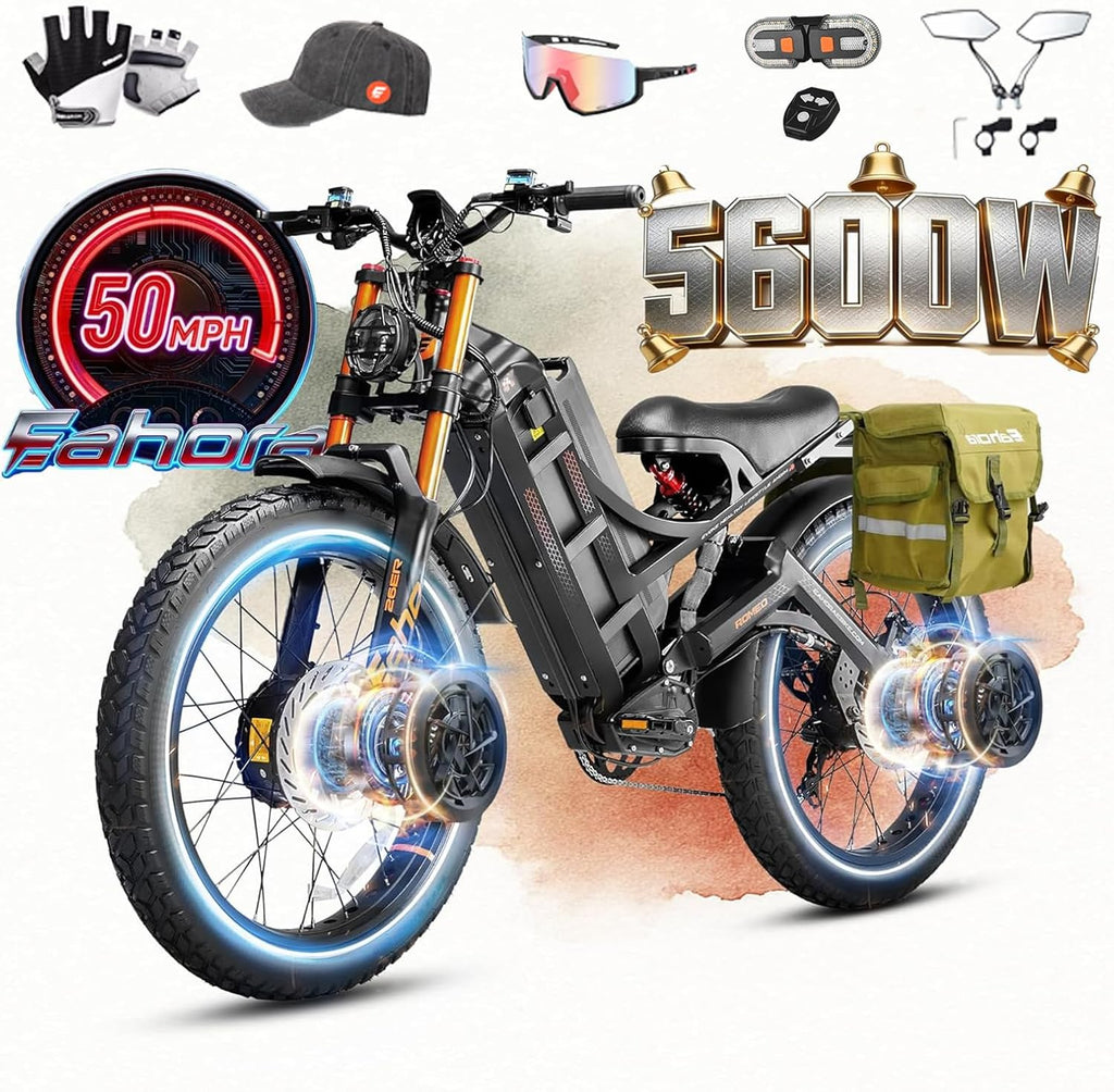 eAhora 2026 Romeo Pro 3 50MPH Electric Bike for Adults 5600W Dual Motor E Bike 60V/80Ah 250 Miles Long Range Electric Bicycle,26 * 4.0 Fat Tire Full Suspension Electric Mountain Bike Delivery Commute