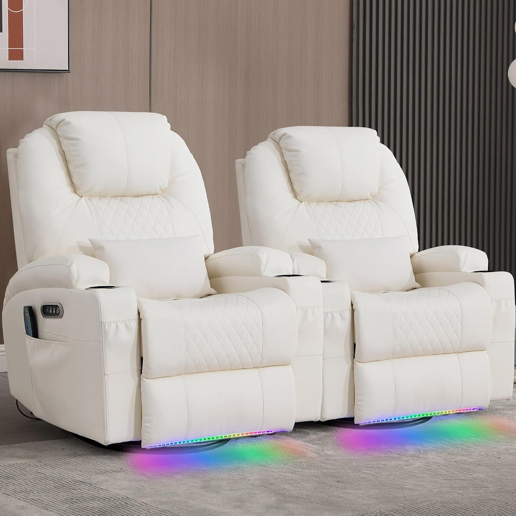 Power Swivel Rocker Recliner with Dual Motor, 240° Electric Glider Recliner with Heat & Massage, Rocking Chair Theater Seating with LED/Lumbar Pillow/USB Port/Cup Holders（Faux Leather Beige, 2）