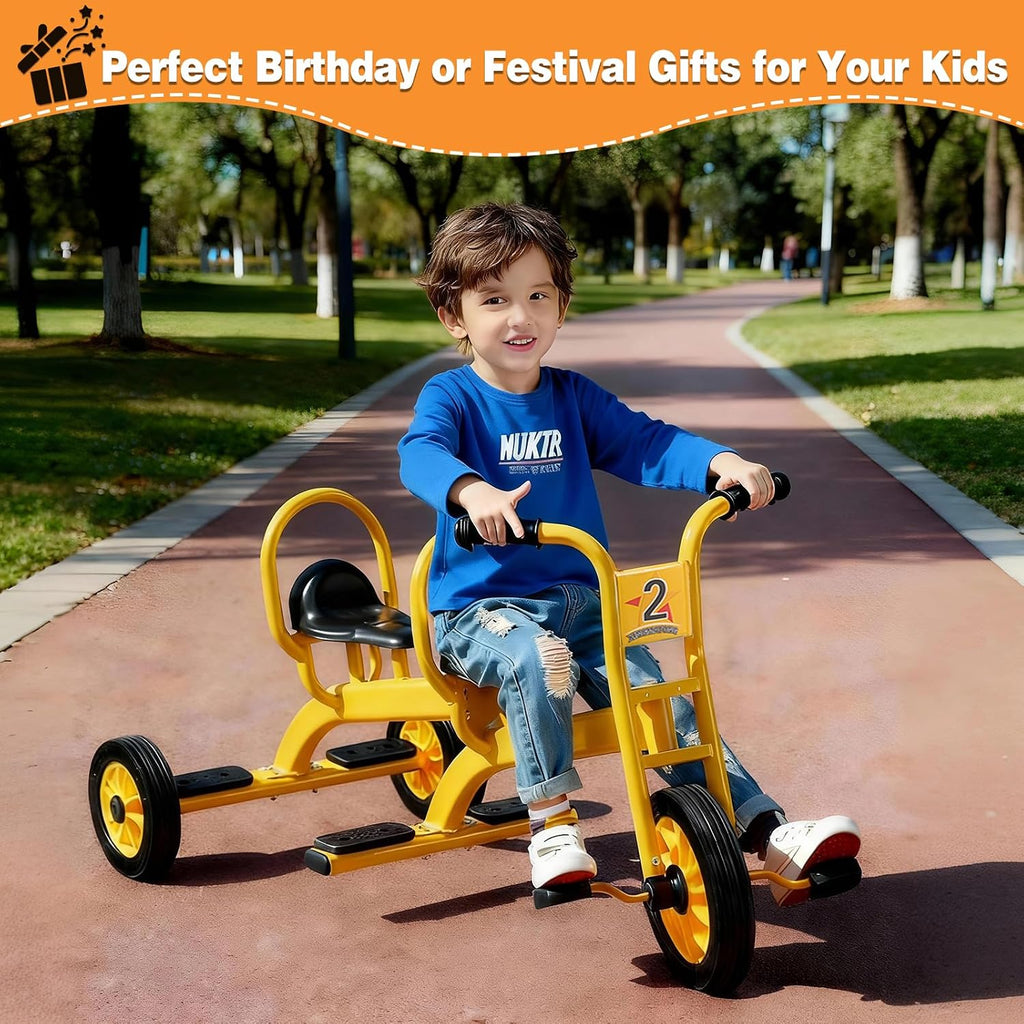 Kids Tricycle for Toddler Ages 3+, Preschool Kids Trike Bike with Non-Slip Pedal and Airless Rubber Wheels, Outdoor Playground Daycare Kid's Balance Bike, Gift for Boys and Girls (Tandem-Yellow)
