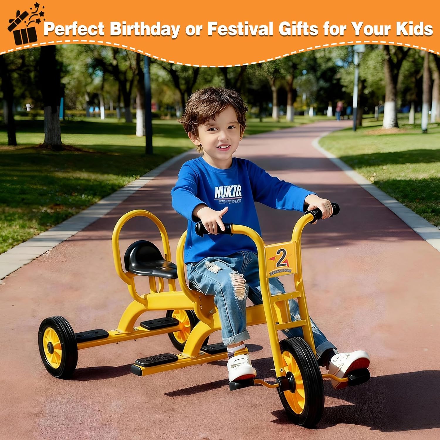 Kids Tricycle for Toddler Ages 3+, Preschool Kids Trike Bike with Non-Slip Pedal and Airless Rubber Wheels, Outdoor Playground Daycare Kid's Balance Bike, Gift for Boys and Girls (Tandem-Yellow)