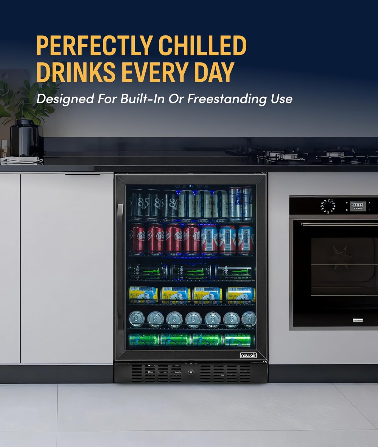NewAir Beverage Refrigerator with Glass Door | 177 Can Mini Fridge for Bedroom, Dorm, Office, or Gaming Setup | Soda, Beer, and Wine Cooler | Black Stainless Steel
