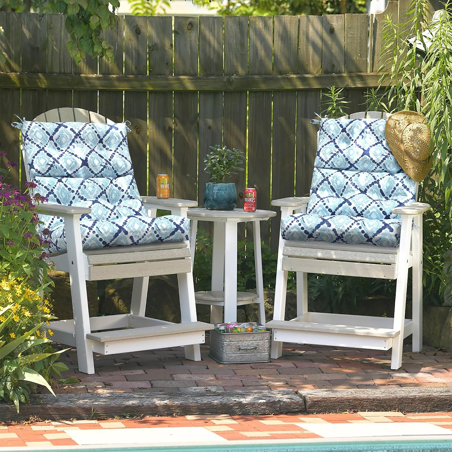 LVTXIII Outdoor Tufted High Back Cushions Set of 2 Patio Seasonal Replacement Rocking Chair Cushion with Ties, Solid Seat and Back Chair Cushion, (44' L x 22W', Boho Geometry Blue)