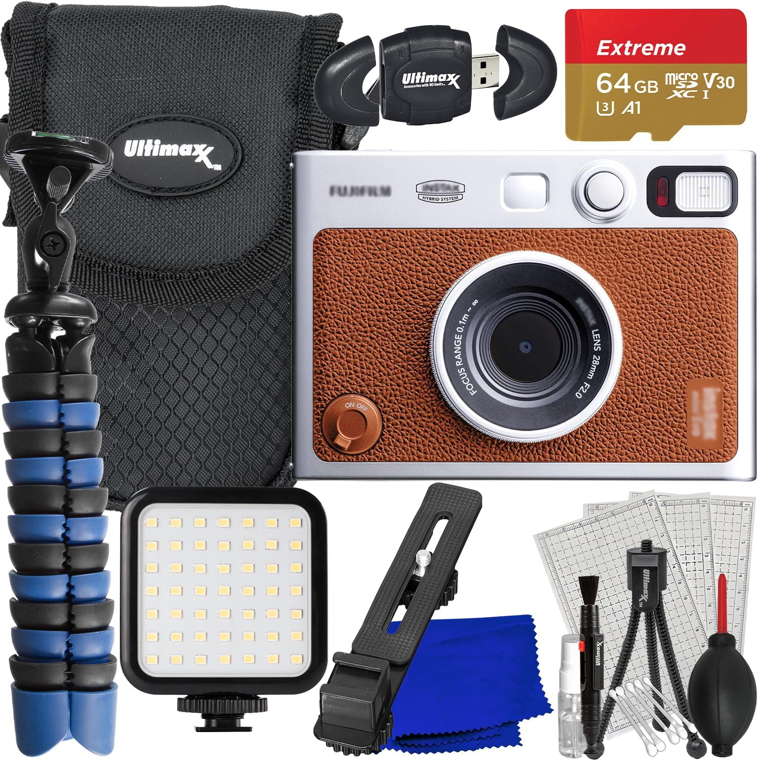 Ultimaxx Advanced FUJIFILM MINI EVO Hybrid Instant Camera Bundle (Brown): 64GB Extreme microSD Memory Card, Mini Tripod, Ultra-Bright LED Light Kit, Point-and-Shoot Case &Much More(15pc Bundle)