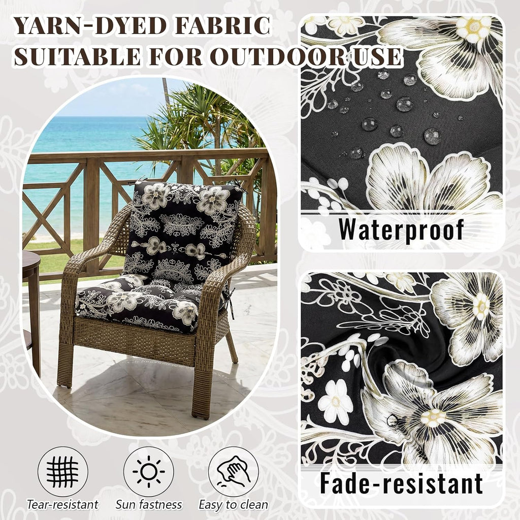 Marsui 4 Pcs Outdoor Indoor High Back Chair Cushions Patio Furniture Tufted Pillow with Ties Water-Resistant Replacement Outdoor Rocking Chair Cushions, 42 x 21 Inches (Black,Flower)