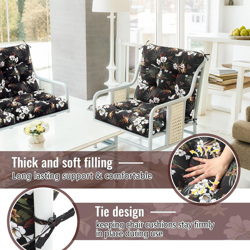 Marsui 4 Pcs Outdoor Indoor High Back Chair Cushions Patio Furniture Tufted Pillow with Ties Water-Resistant Replacement Outdoor Rocking Chair Cushions, 42 x 21 Inches (Black,Plants)