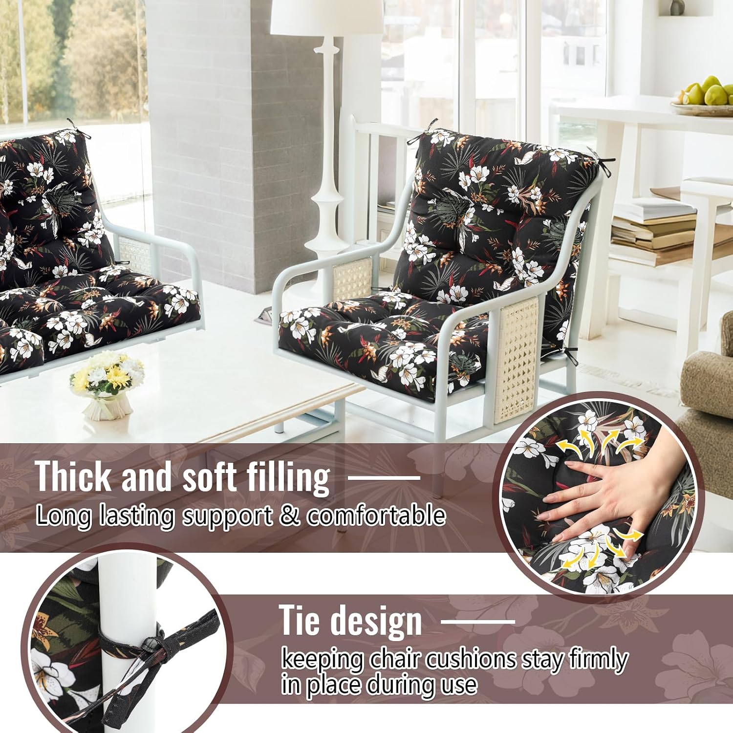 Marsui 4 Pcs Outdoor Indoor High Back Chair Cushions Patio Furniture Tufted Pillow with Ties Water-Resistant Replacement Outdoor Rocking Chair Cushions, 42 x 21 Inches (Black,Plants)