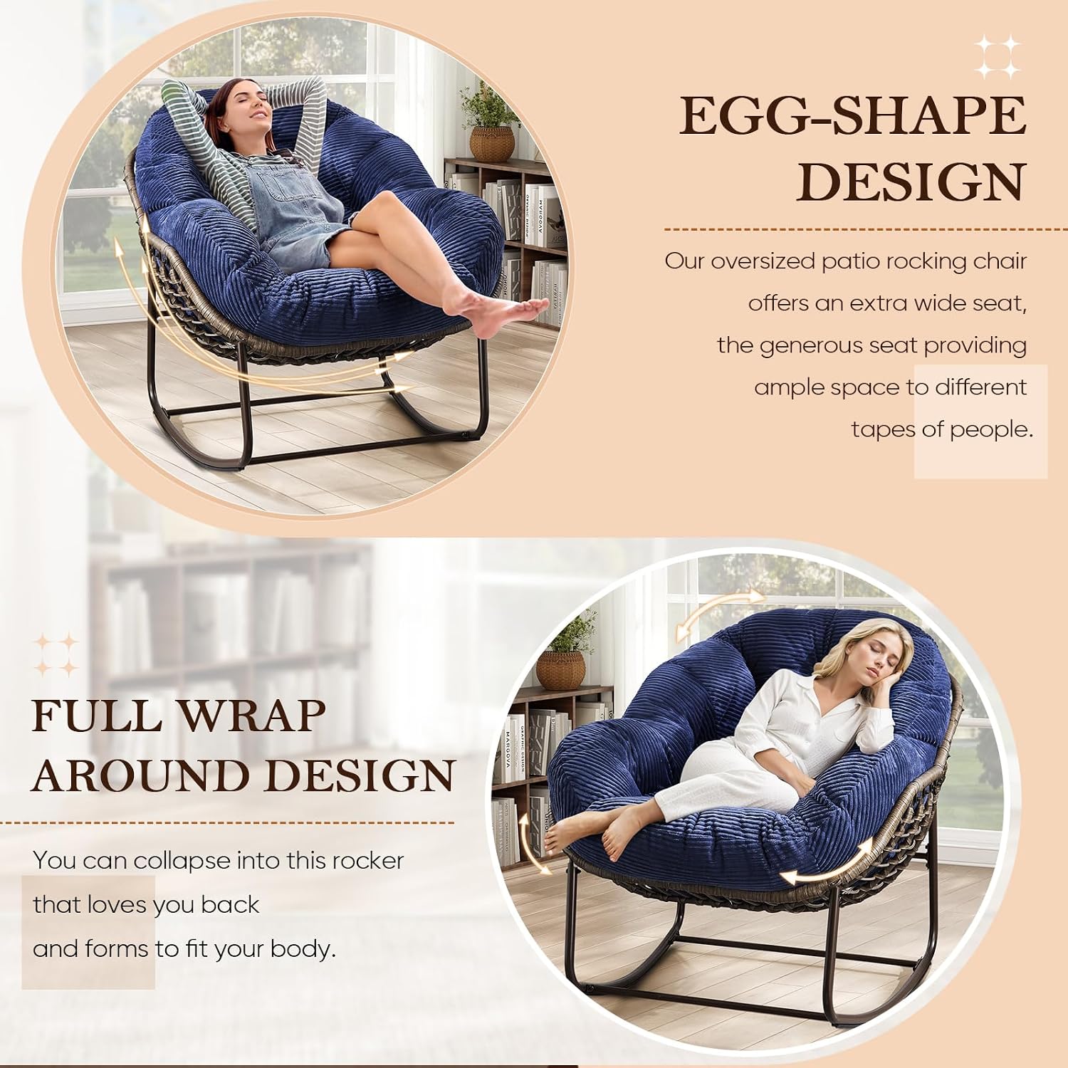 Outdoor Indoor Rocking Chair with Padded Cushion, Oversized Patio Papasan Rocking Egg Chair, All Weather Wicker Egg Rocking Chair, Comfy Large Rattan Rocker Lounge Chair for Front Porch,Garden, Patio