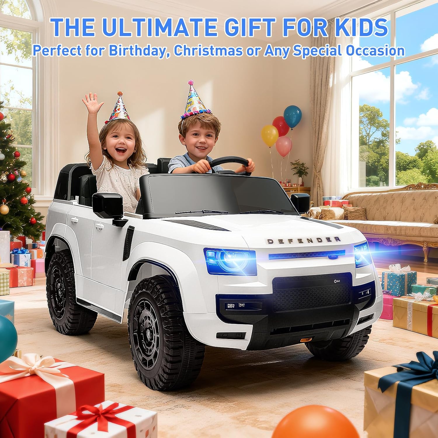 MINIATURE MOTORS 24V Ride on Toys for Big Kids, 2-Seater Toddlers Licensed Electric Car Remote Control, 3.7mph Max Speed, Bluetooth Music, Shovel, Seat Belt, 4-Wheeler Suspension, Boy Girl Gift-White