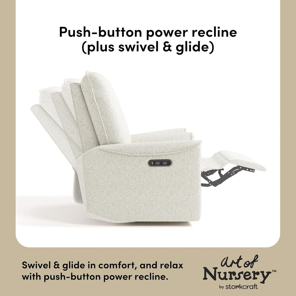 Storkcraft Santos Deluxe Power Recliner Swivel Glider, Premium Electronic Nursery Rocking Chair, Oeko-TEX 100 Certified, Includes Dual-USB Charging Port with USB-A & USB-C – (Ivory Boucle)