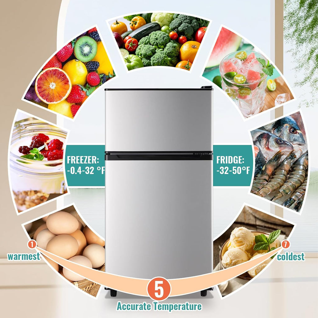 WANAI 3.5 Cu.Ft Mini Fridge with Freezer, Freestanding Refrigerator for Office, Dorm, Apartment, 7-Level Adjustable Thermostat, 2 Removable Shelves and Bakset, Small Fridge in Silver