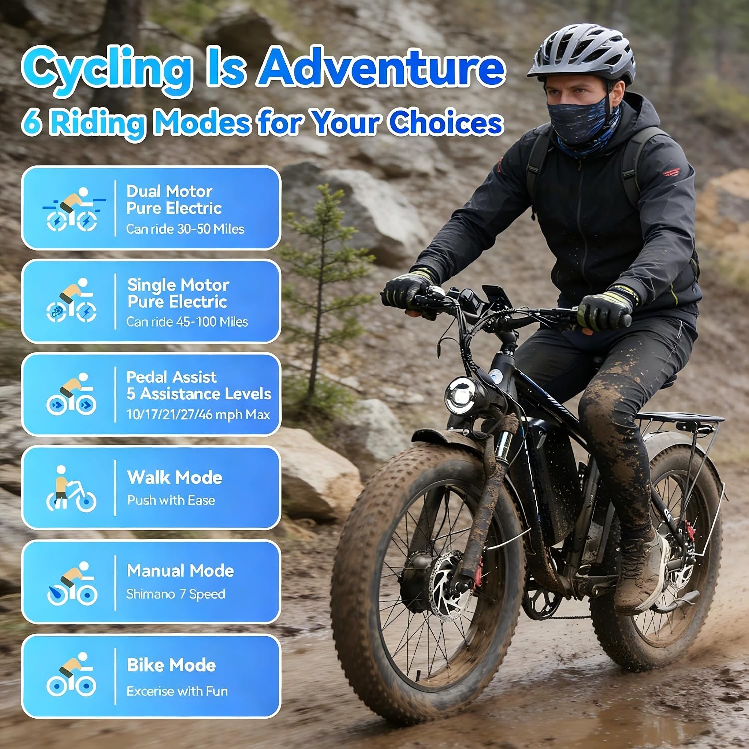 9000W Dual Motor Electric Bike for Adults – 46MPH Fast Ebike 24' Fat Tire 52V 34Ah (1768Wh) 100 Miles Range Full Suspension Off-Road Electric Bicycle for Mountain Sand Snow