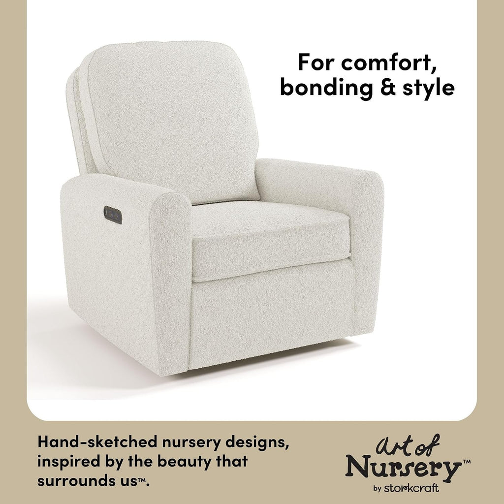 Storkcraft Amalfi Deluxe Power Recliner Swivel Glider – Premium Electronic Nursery Rocking Chair, Oeko-TEX 100 Certified, Includes Dual-USB Charging Port with USB-A & USB-C (Ivory Boucle)