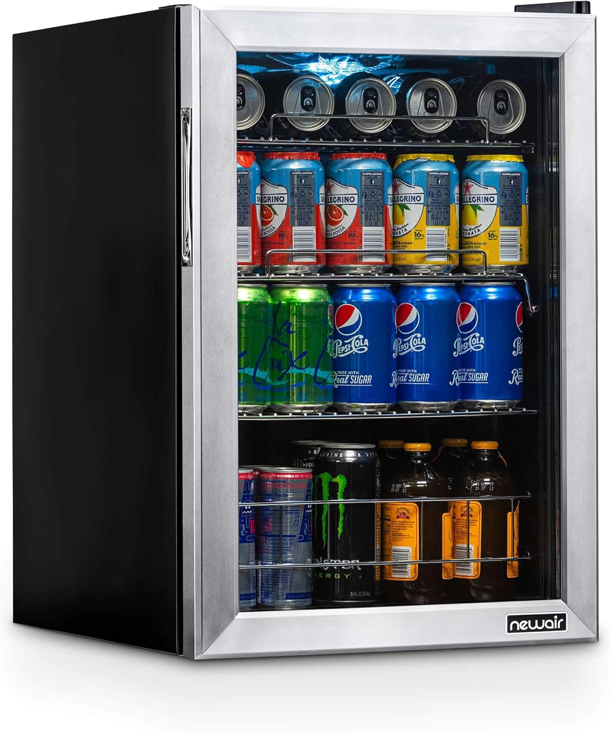 NewAir 90 Can Beverage Refrigerator | 17' Freestanding Small Mini Fridge for Bedroom, Home Bar or Office | Quiet Compressor Cooling & Adjustable Shelves | Stainless Steel