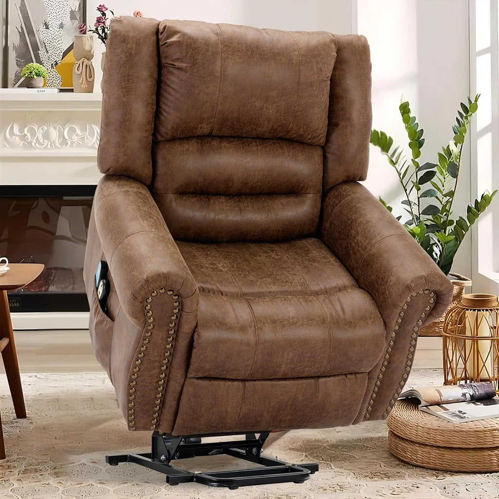 MEETWARM Large Power Lift Electric Recliner Chair for Elderly with Massage and Heat, Overstuffed Wide Recliner, Heavy Duty Sofa for Living Room with 2 Remote Control/USB Ports/Side Pockets(Brown)