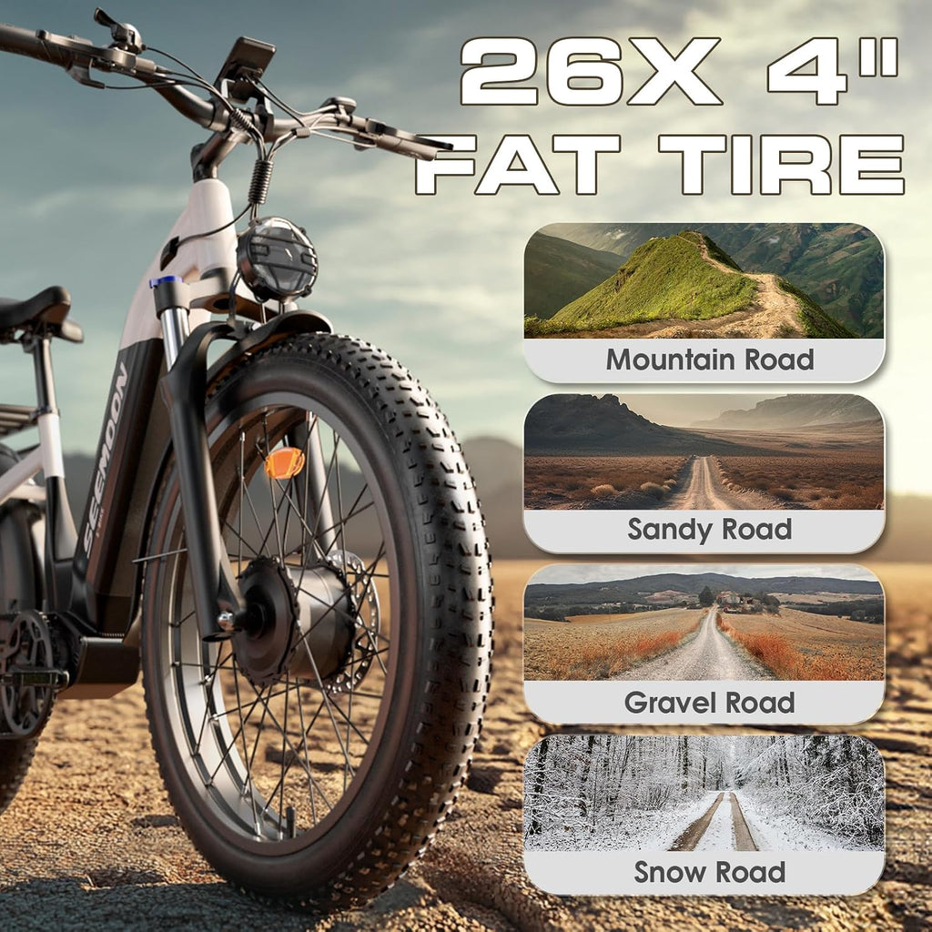 Seemoon Electric Bike,4000W Dual Motor Ebike for Adults,52V 1040Wh Removable Battery E-Bike for Men Women,38MPH Up to 105 Miles,26' Fat Tire Fast Step Thru Electric Bicycle for Commuter