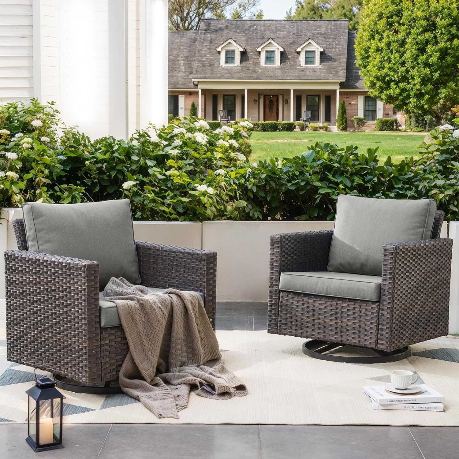 Patio Swivel Chairs,360 Degree Outdoor Swivel Glider Chair Set of 2 with High Back and Thickened Cushions for Deck Porch Garden Backyard-Brown/Grey
