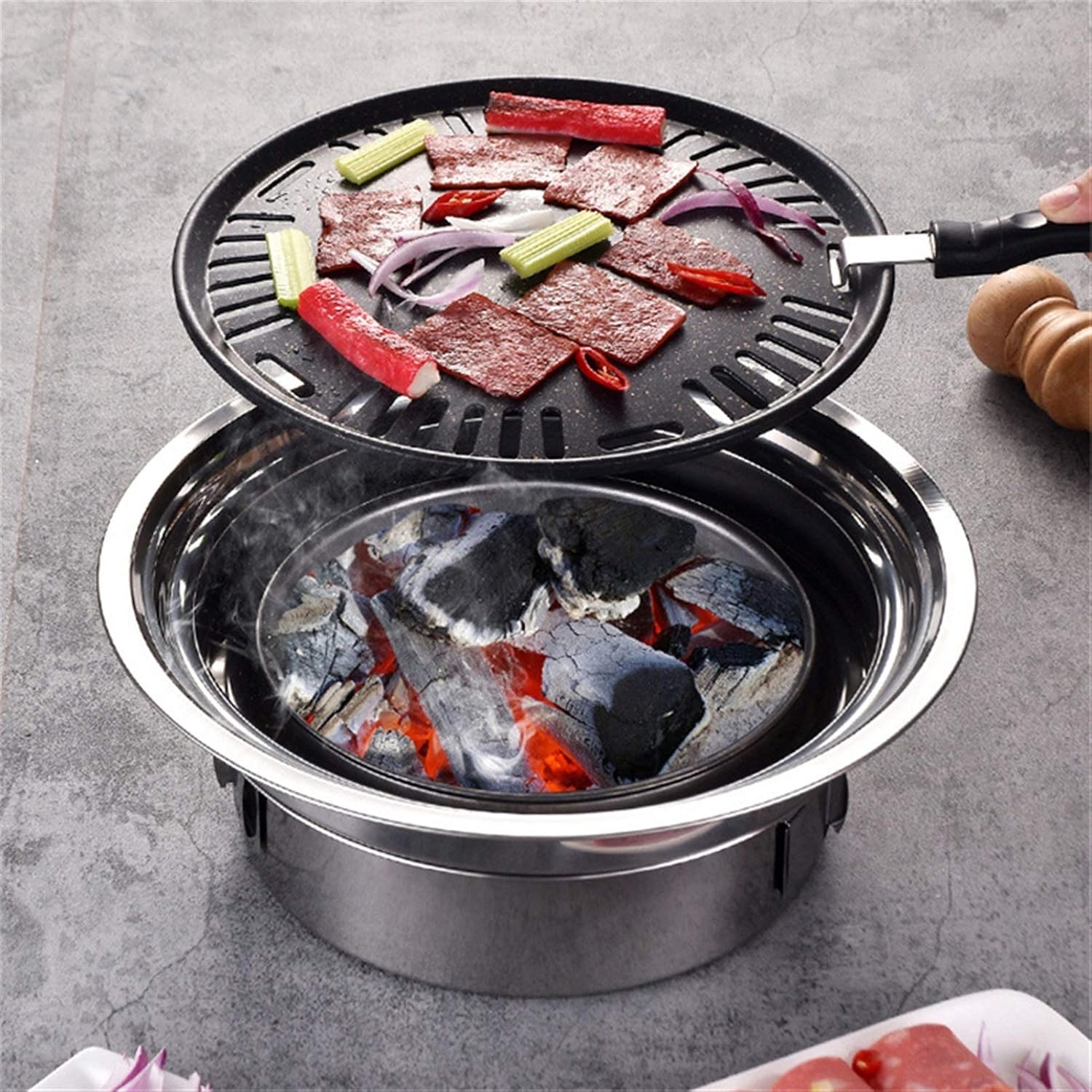 Grill for Outdoor Round Stainless Steel Korean Charcoal Barbecue Grill Non-Stick Barbecue Grills Portable Charcoal Grill for Outdoor Camping BBQ Barbecue Grill (Color : with Tray Furnace)