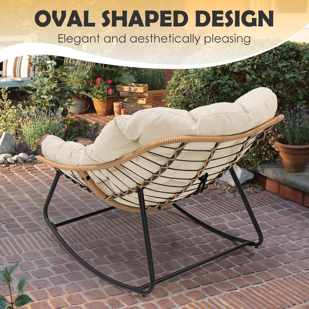 PROHIKER Outdoor Papasan Rocking Chair, Indoor Egg Rocking Chair with Thick Cushion, Oversized Wicker Rattan Patio Lounge Chairs for Backyard, Balcony, Living Room (Beige)