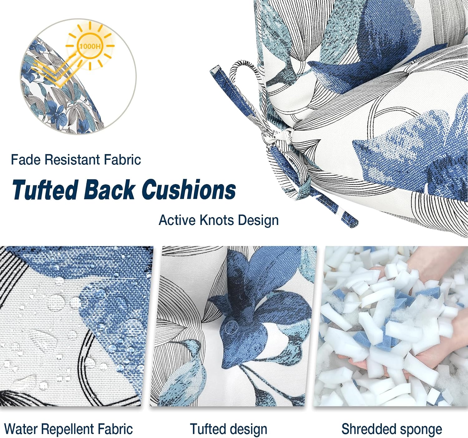 Outdoor Chair Cushions, Tufted Back Patio Furniture Cushions Set of 2, Water Repellent Chair Cushion for Garden, 42x21x4 Inch, Clemens Blue