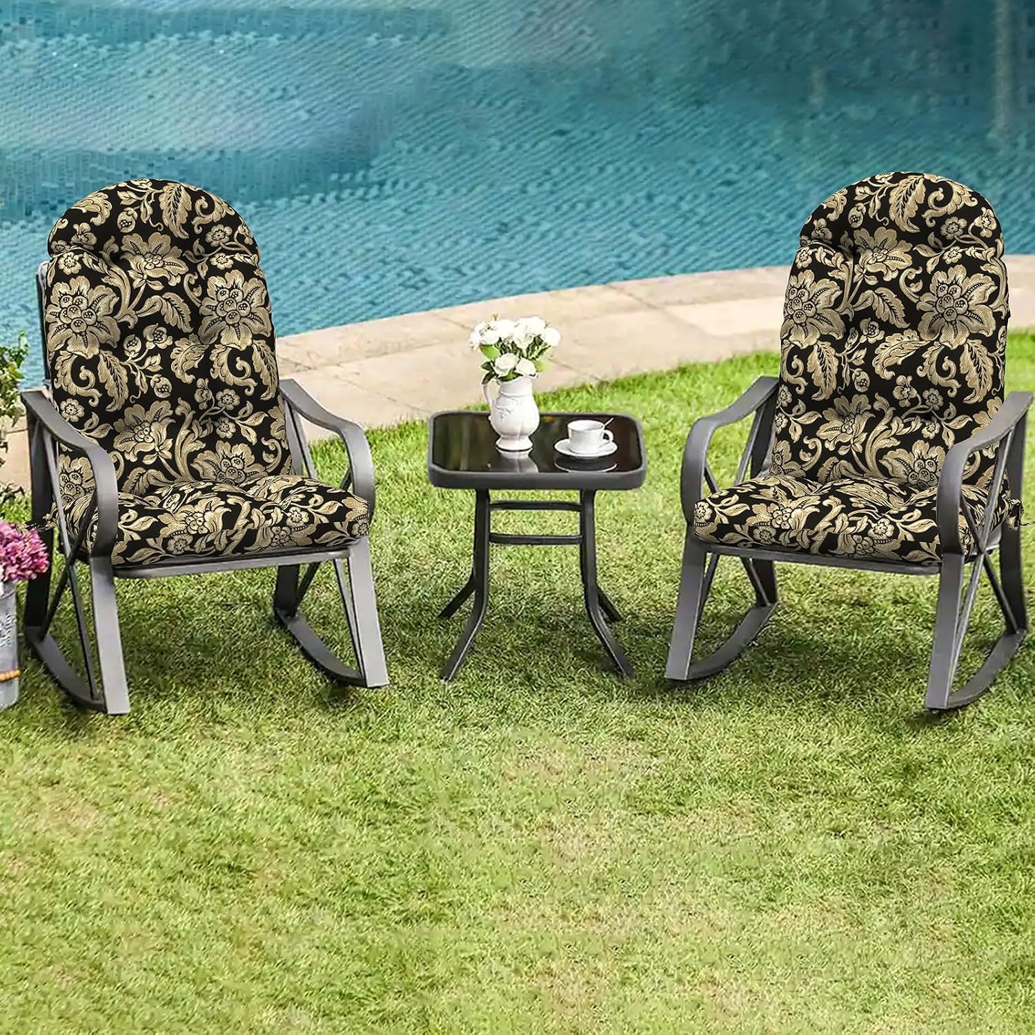 LVTXIII 2 Pack Outdoor Adirondack Chair Cushions, 44x19x4 Inch Water Repellent Patio Cushions for Rocking Chairs, Thick Tufted High Back Seat Cushion Set, Jacobean Black