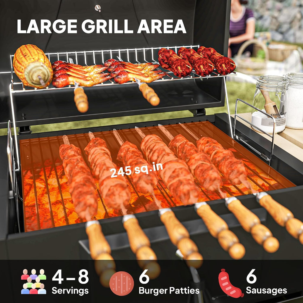 Portable Charcoal Grill with Adjustable Vents & Thermometer – 44' Heavy-Duty BBQ Grill with 3-Level Charcoal Pan, Wheels & Side Shelves – Backyard/Camping Grill (Black/Nature Wood)