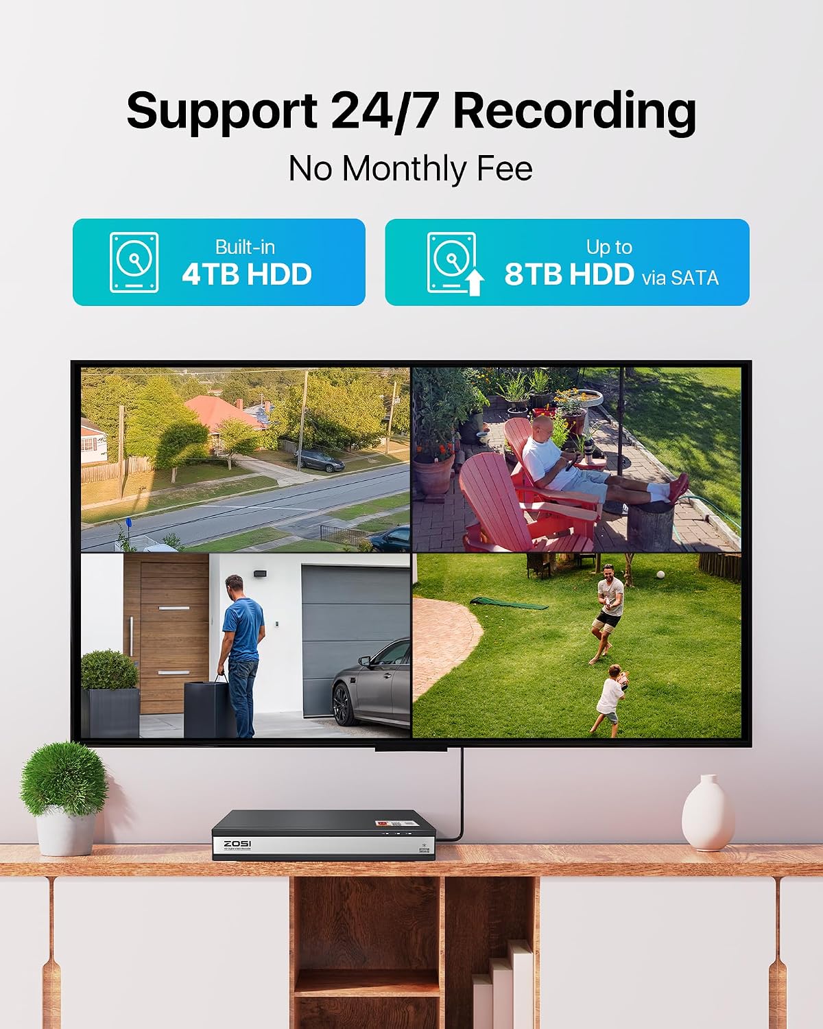ZOSI 1080P H.265+ 16 Channel Video Security DVR Recorder with AI Human/Vehicle Detection,16CH Hybrid 4-in-1 CCTV DVR with 4TB HDD for Home Surveillance Camera System,Remote Access,24/7 Recording