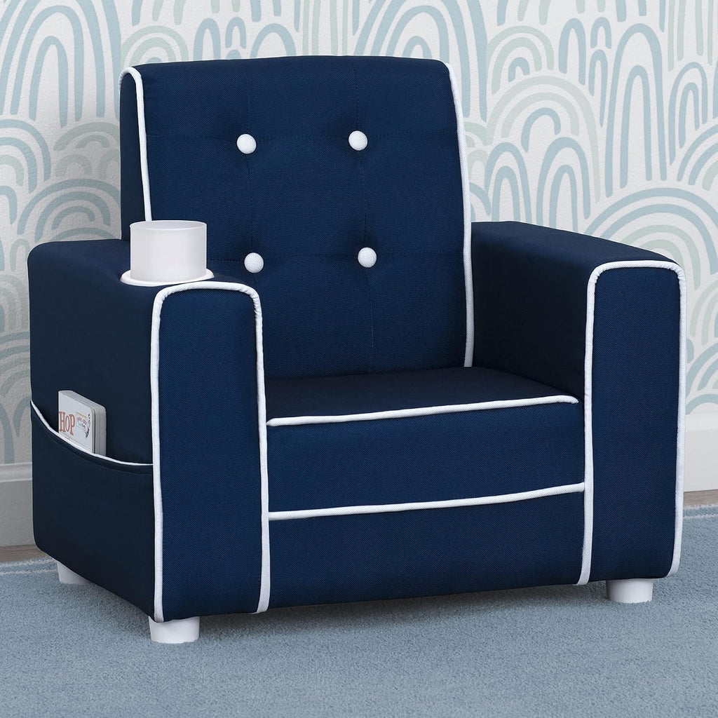 Delta Children Chelsea Kids Upholstered Chair with Cup Holder, Navy