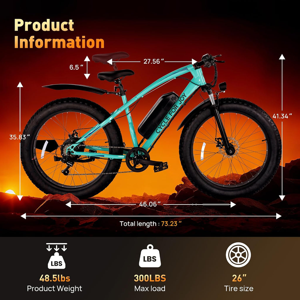 Electric Bike for Adults 70Miles 28 MPH,1500W Peak Brushless Motor, 48V 10.4Ah Removable Battery Ebike,Shimano 7 Speed / 26' Fat Tire/Dual Disc Electric Mountain Bikes(TUV & UL2849)