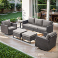 Luxury Wicker Outdoor Patio Furniture Set - 6 Piece Patio Conversation Set with 2 Swivel Rocker Chairs,2 Rattan Ottoman,1 Couch and 1 Metal Side Table for Outside Porch Deck Backyard(Brown/Grey)