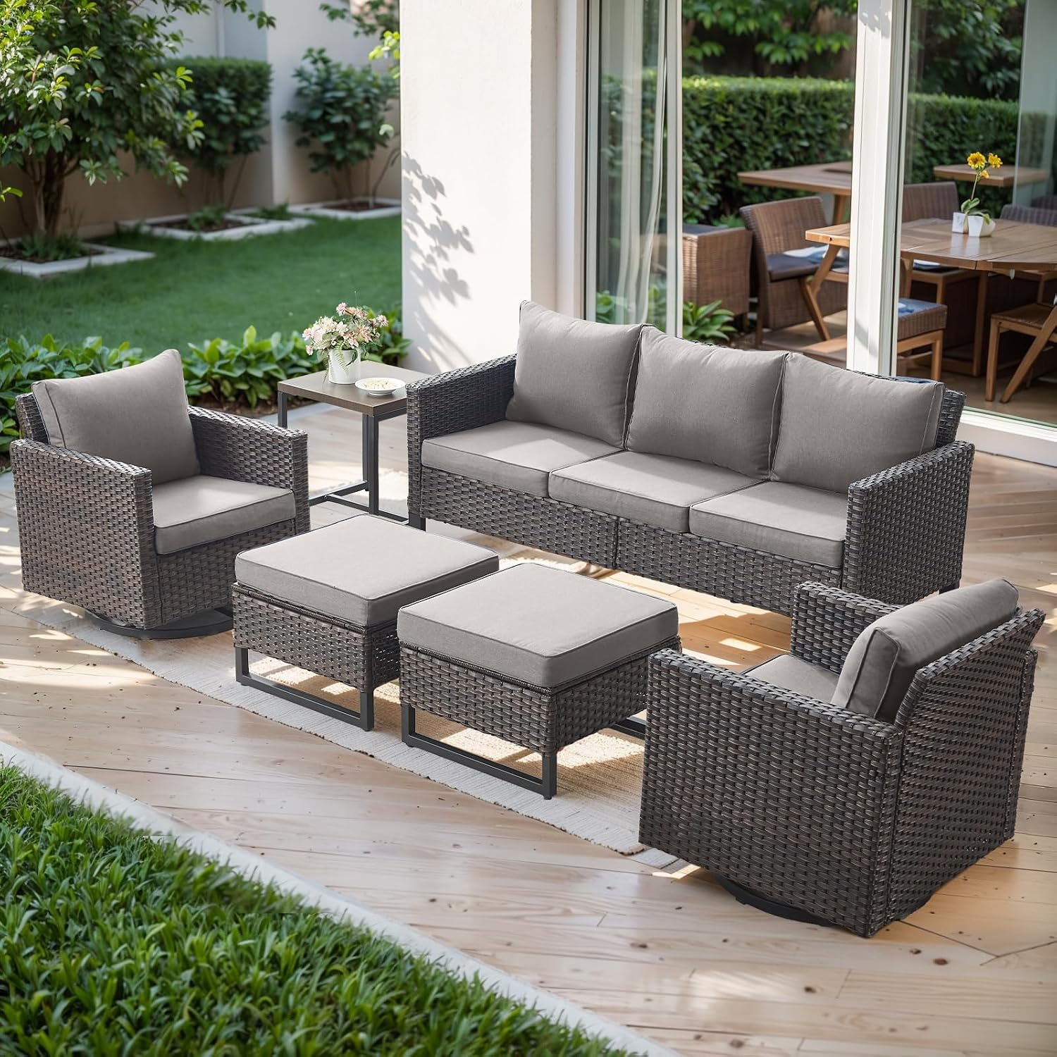 Luxury Wicker Outdoor Patio Furniture Set - 6 Piece Patio Conversation Set with 2 Swivel Rocker Chairs,2 Rattan Ottoman,1 Couch and 1 Metal Side Table for Outside Porch Deck Backyard(Brown/Grey)
