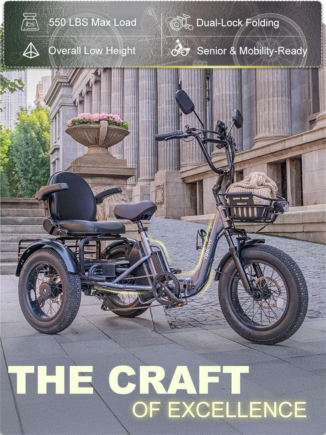 Folding Electric Tricycle for Adults 2 Seater, 20MPH 100 Miles 4' Wide Fat Tire Electric Trike, 3 Wheel Electric Bike 1200W, 48V 20AH Battery, 550LBS Load, Reverse, Parking, Differential, UL Certified