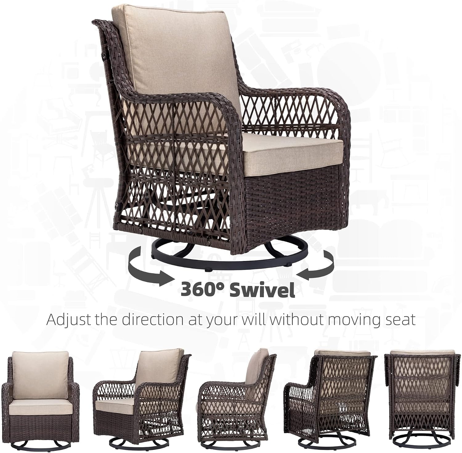 GarveeLife 3 Pieces Outdoor Swivel Chair Set, Wicker Swivel Rocker Patio Chairs, Thick Cushion and Side Table for Balcony, Porch, Backyard, Garden, Beige