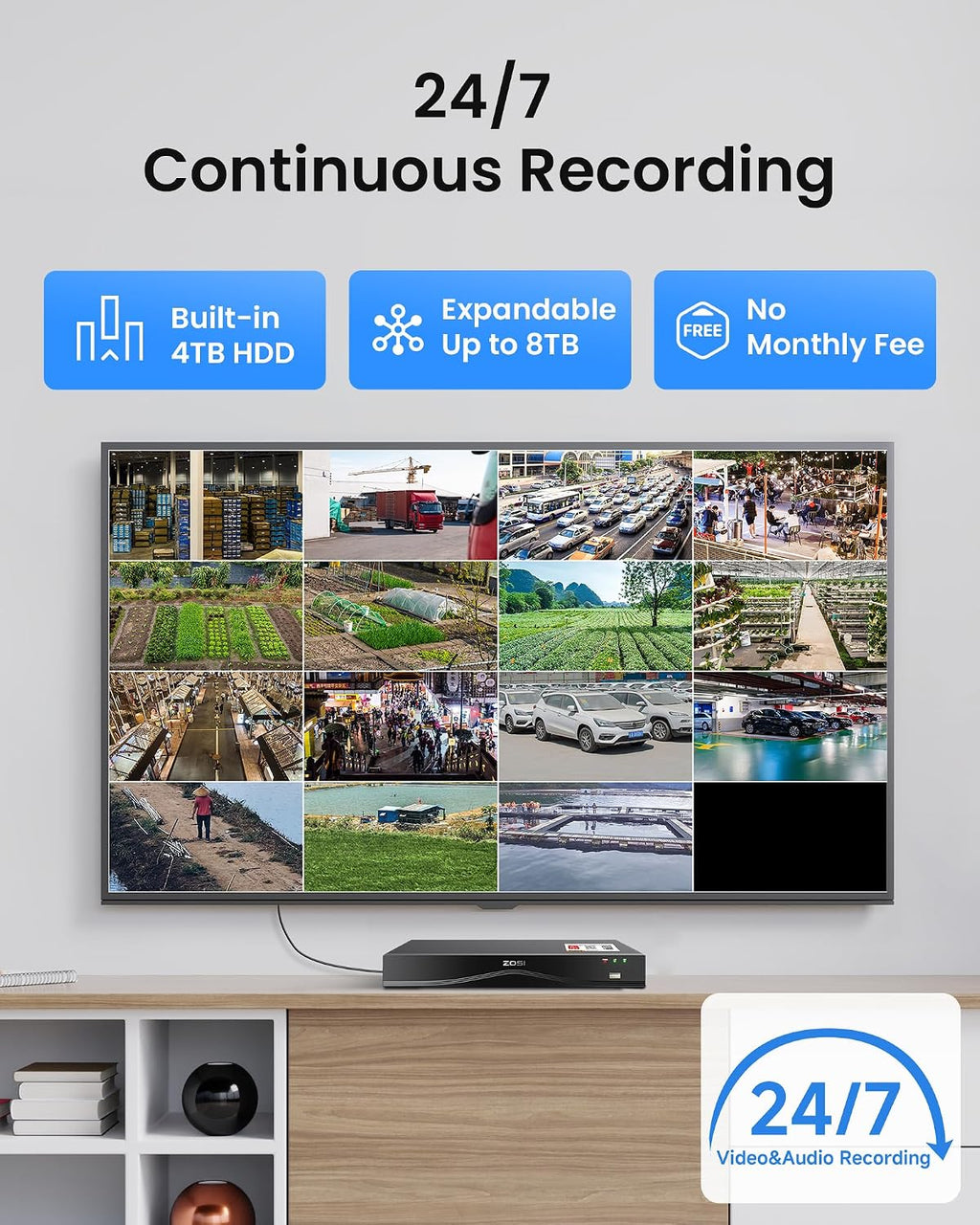 ZOSI 16CH 4K PoE Security Camera System,Person Vehicle Detection,People Counting,One-Way Audio,100ft Night Vision,12pcs 8MP Outdoor Indoor Cameras,16Port 32-Channel NVR with 4TB HDD for 24/7 Recording