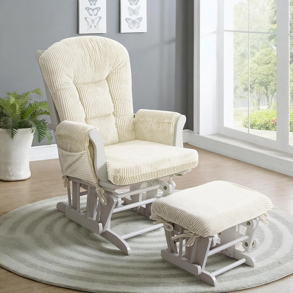 ANMINY 5pcs Glider Rocker Replacement Cushions Set - Thickened Fleece Glider Rocking Chair Cushions with 29.5 inch High Backrest & Side Pockets for Indoor Nursery, Washable & Non Slip, Beige