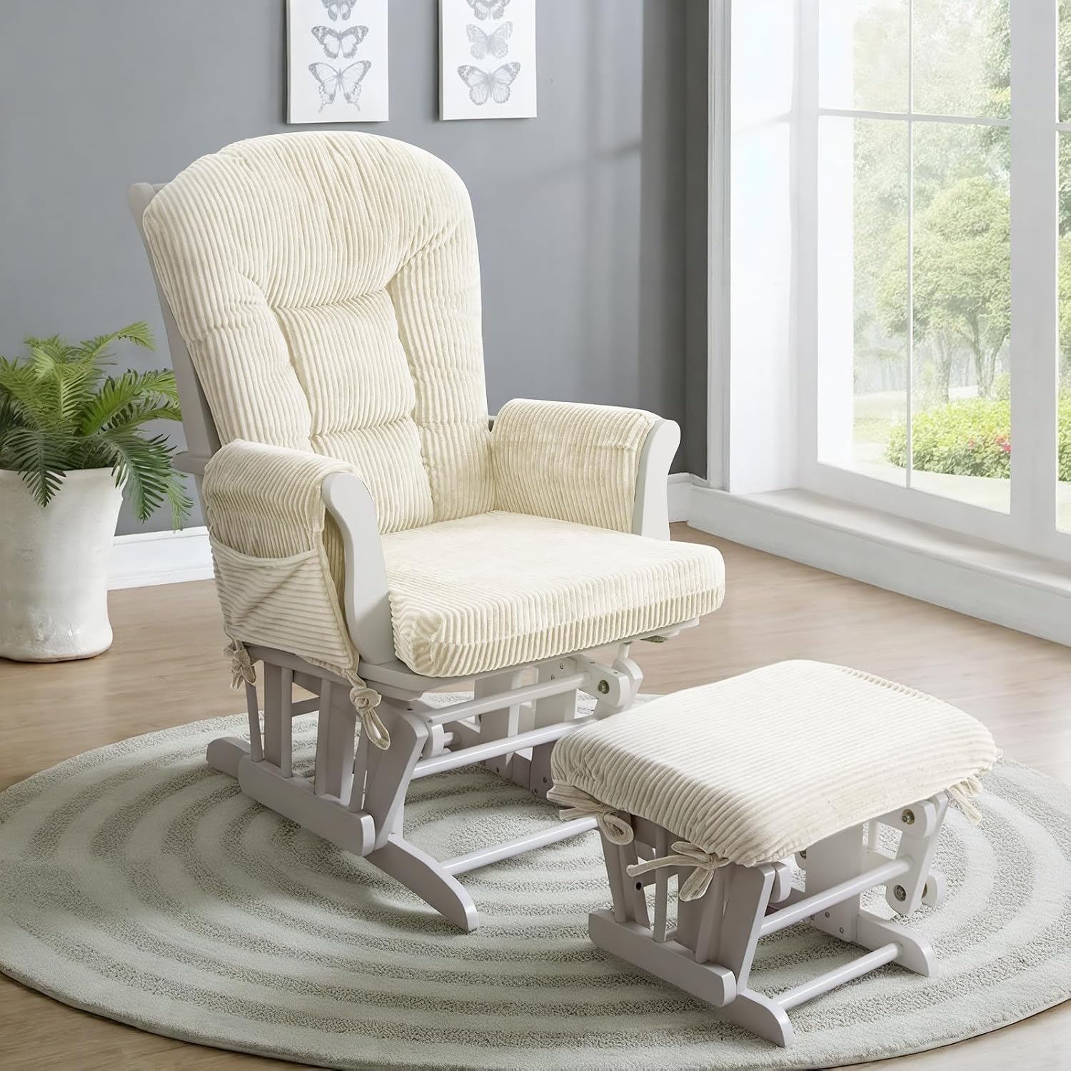 ANMINY 5pcs Glider Rocker Replacement Cushions Set - Thickened Fleece Glider Rocking Chair Cushions with 29.5 inch High Backrest & Side Pockets for Indoor Nursery, Washable & Non Slip, Beige