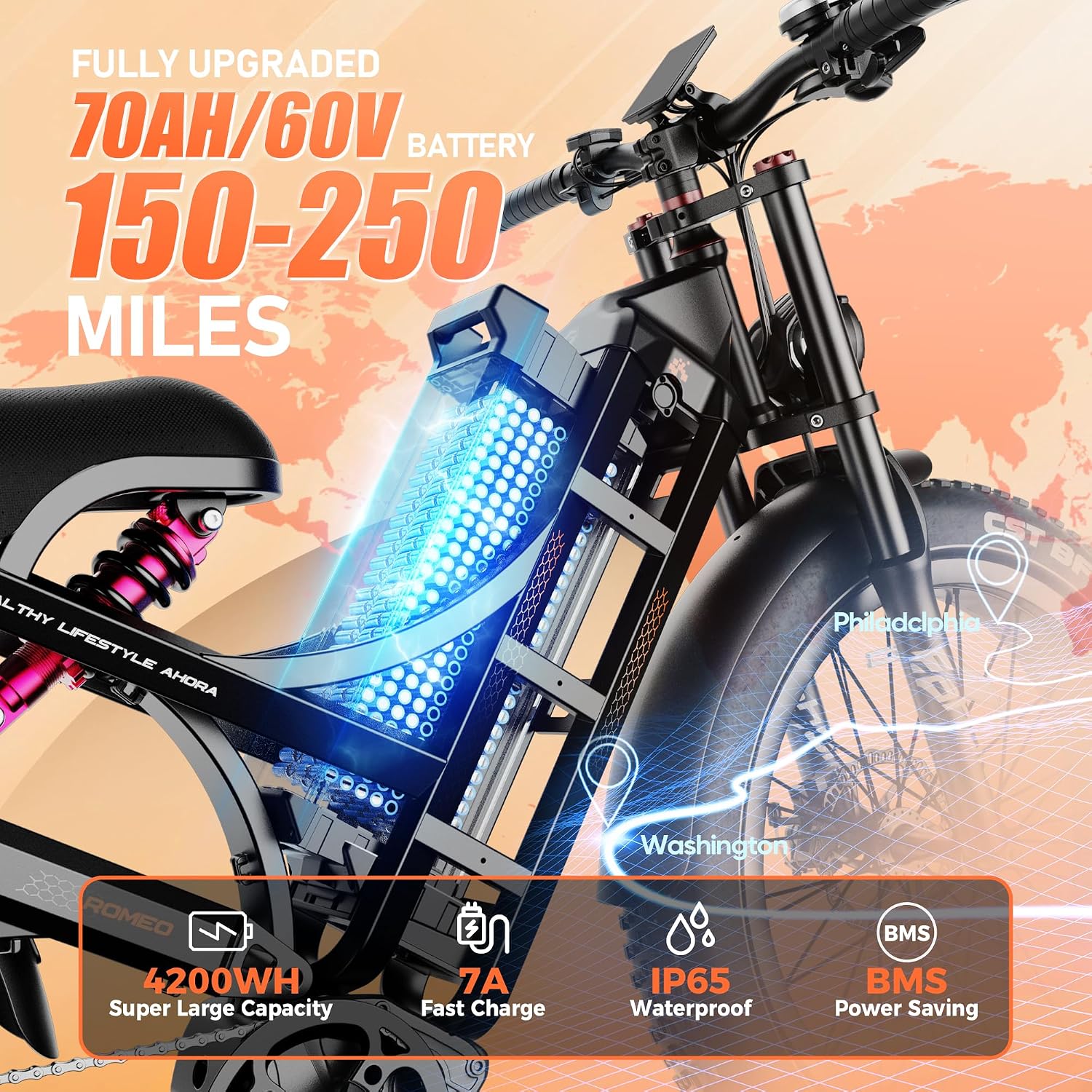 eAhora 2025 Romeo Ultra/Romeo 2 Peak 3000W/2500W 42/40 Mph Electric Bike for Adults 60V 70Ah/52V 60Ah 100-200Miles Long Range Ebike 26' Fat Tire Full Suspension Electric Bicycle