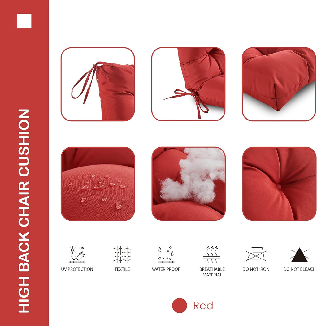 Outdoor Indoor High Back Chair Cushions Set of 4,Waterproof All-Weather Patio Adirondack Rocking Chair Cushions,Seat Back Chair Cushion for Outdoor Furniture with Ties,45x22 Inch, Red