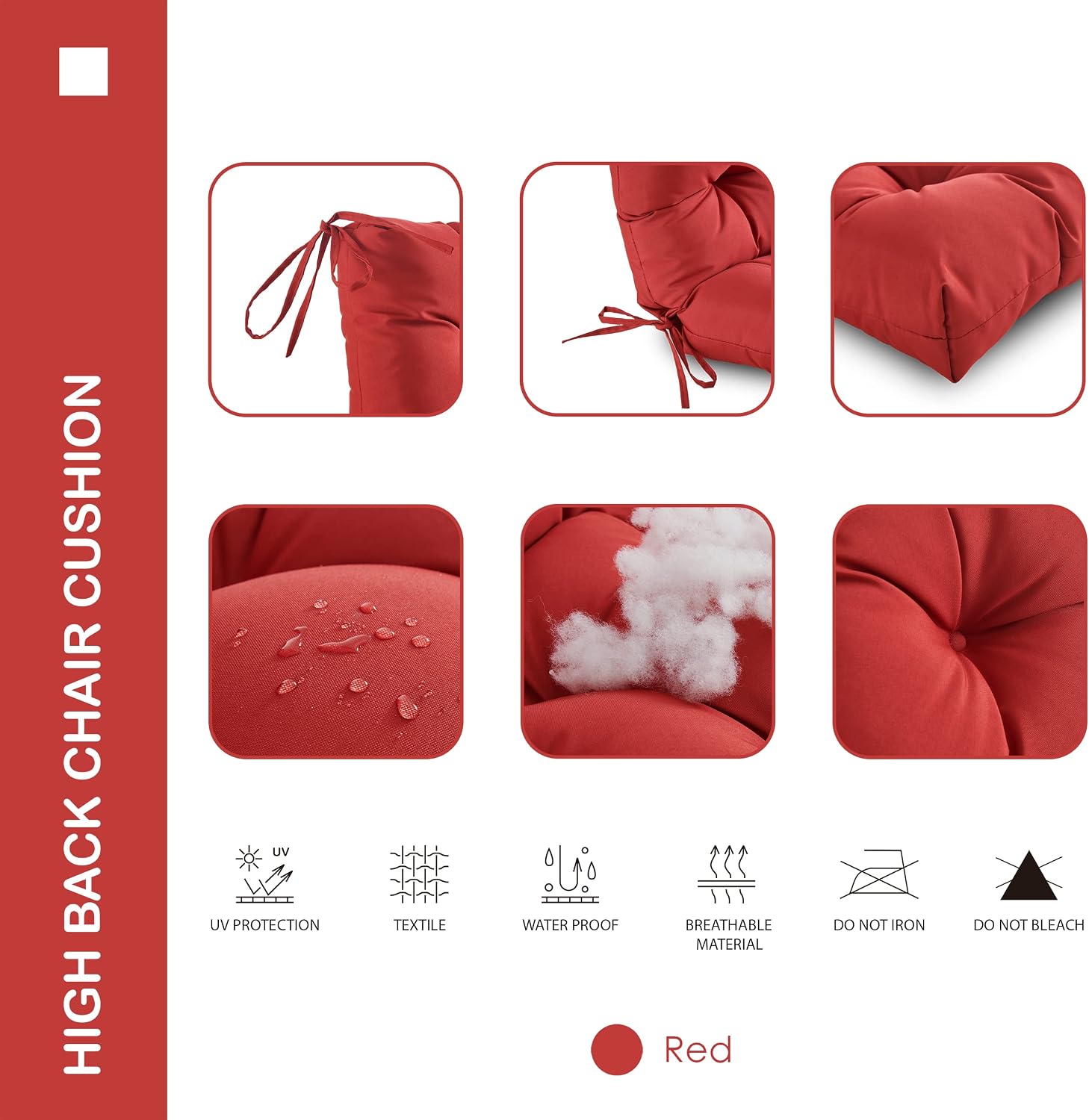 Outdoor Indoor High Back Chair Cushions Set of 4,Waterproof All-Weather Patio Adirondack Rocking Chair Cushions,Seat Back Chair Cushion for Outdoor Furniture with Ties,45x22 Inch, Red
