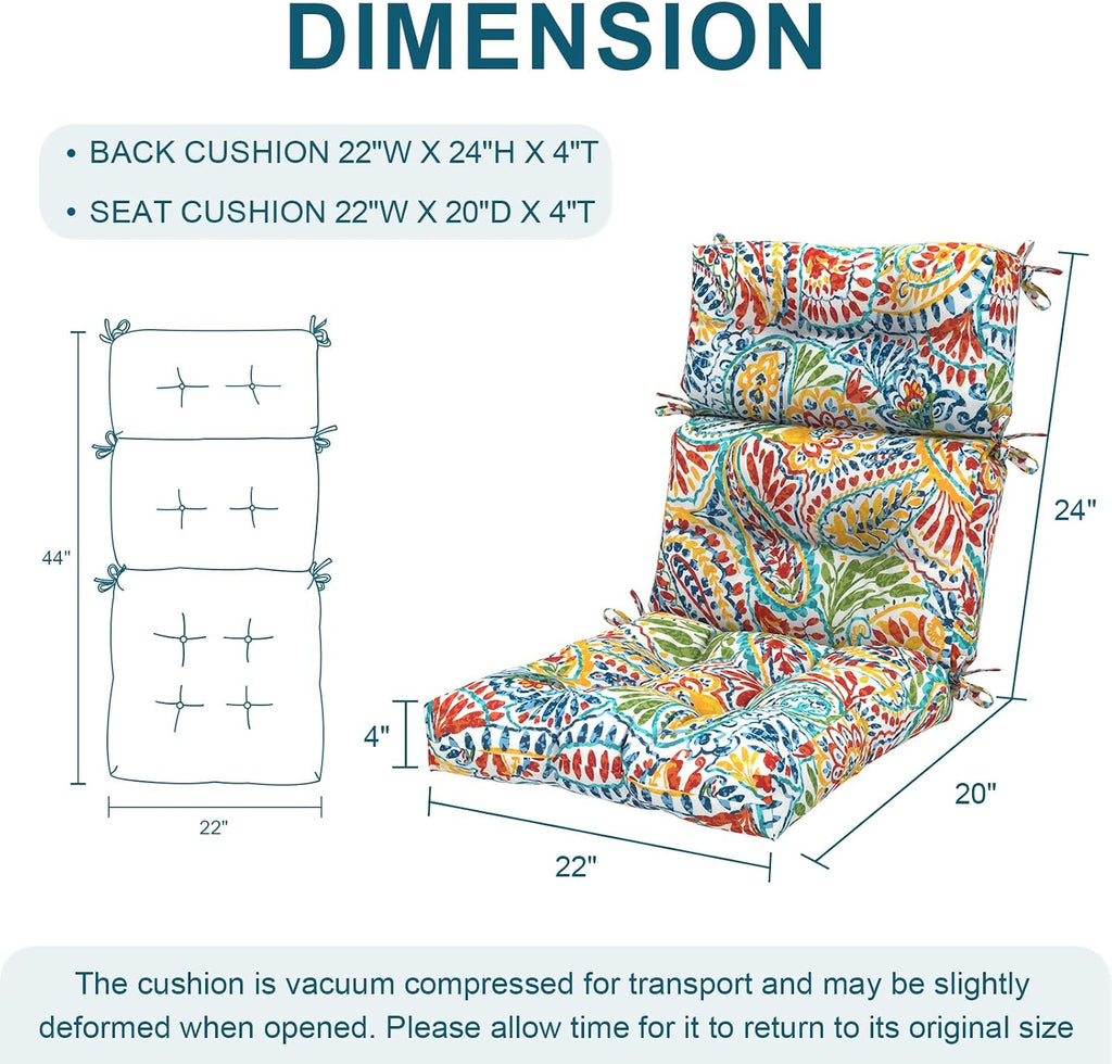 DYTXIII Outdoor High Back Chair Cushions Set of 2, Water Repellent Tufted Rocking Seat Cushions Replacement 44 x 22 Inch, Seat & Back Chair Pads for Patio, Balcony and Indoor Use -Paisley Multi