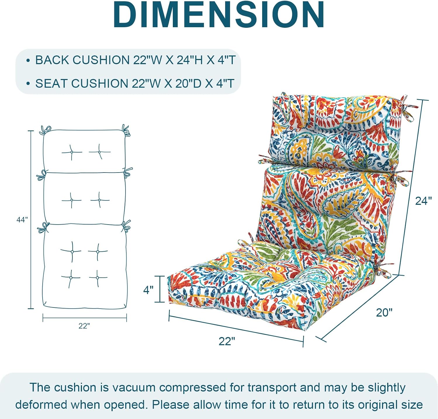 DYTXIII Outdoor High Back Chair Cushions Set of 2, Water Repellent Tufted Rocking Seat Cushions Replacement 44 x 22 Inch, Seat & Back Chair Pads for Patio, Balcony and Indoor Use -Paisley Multi