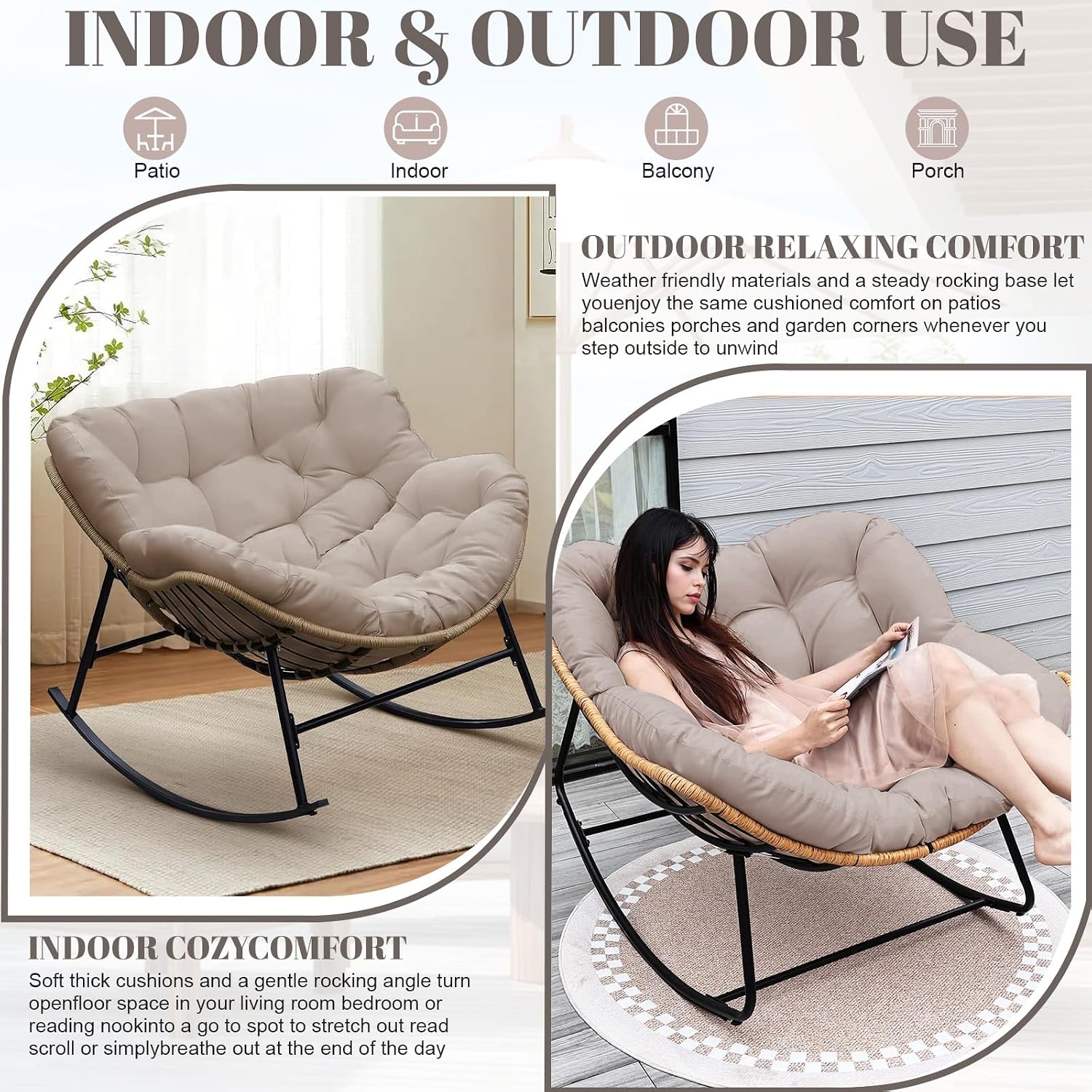 Thickened Waterproof Papasan Rocking Chair Cushion, 6.3'' Patio Egg Chair Pad with Ties, Outdoor/Indoor Rattan Hammock Cushions for Porch, Garden, Balcony(Only Cushion no Chair) (Khaki)